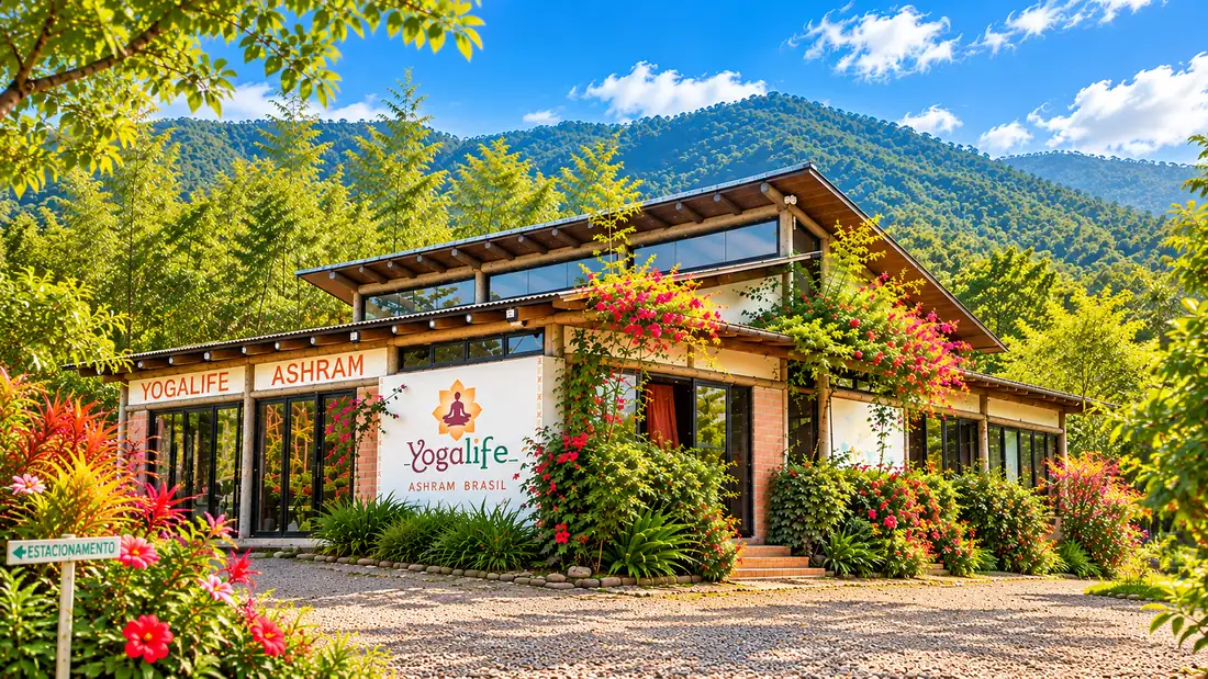 Casa principal do YogaLife Ashram Brasil, em Terra de Areia, com a serra ao fundo