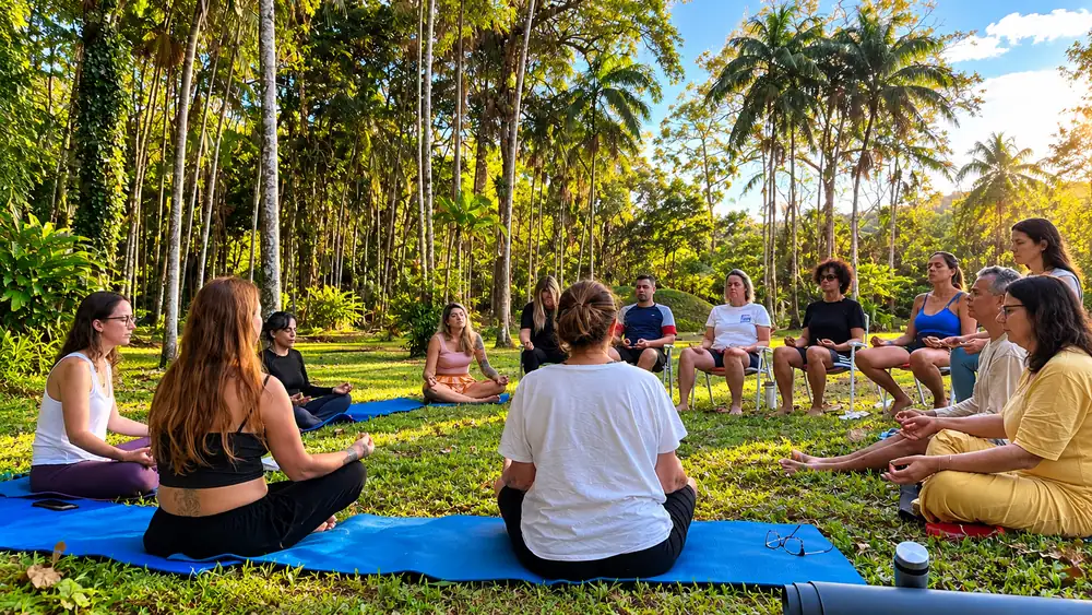 Roda de meditação ao ar livre no YogaLife Ashram Brasil